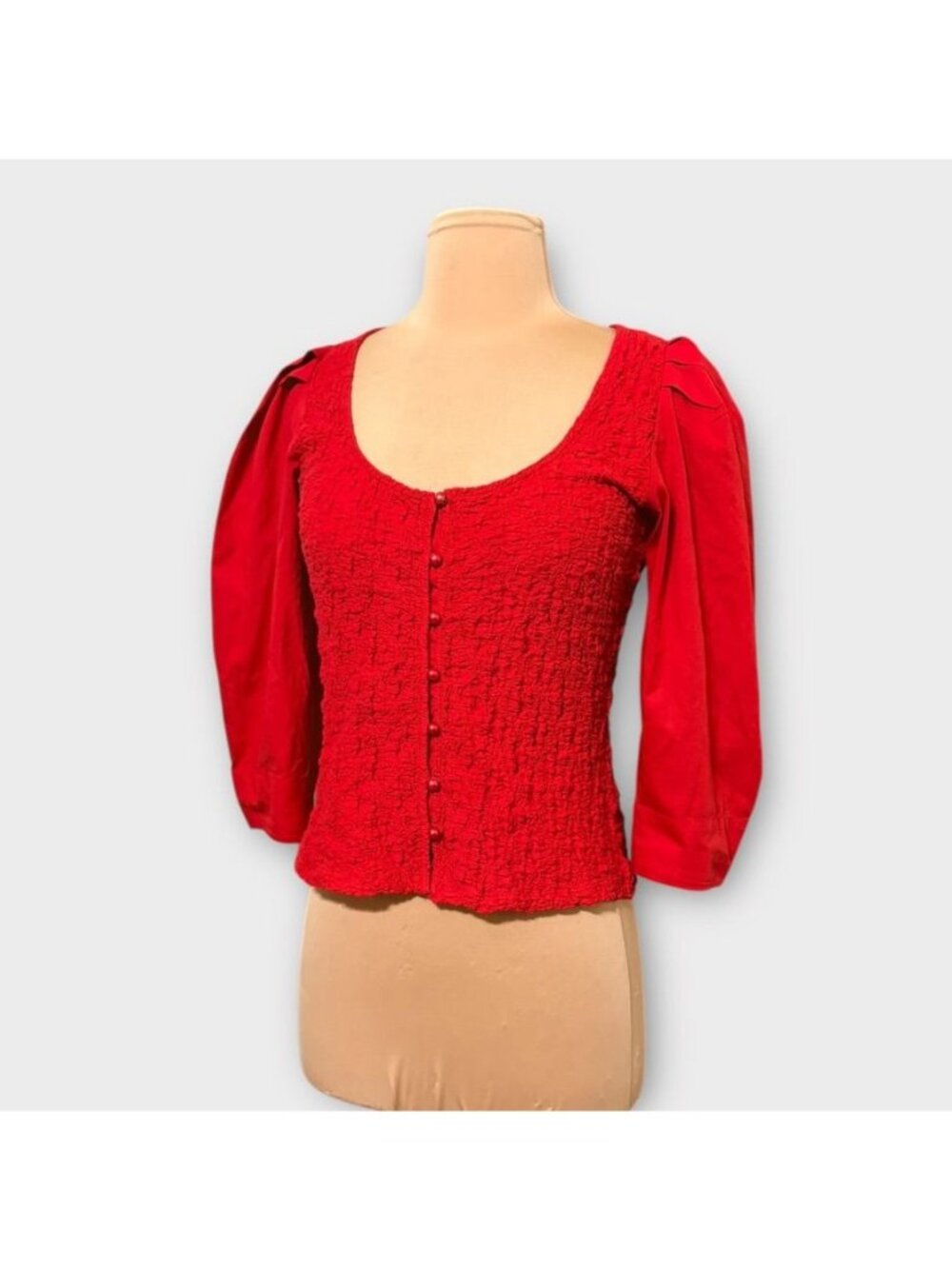 Anthropologie Smocked Cardi Blouse Top S Red Feminine Boho Cottage Peasant EUC